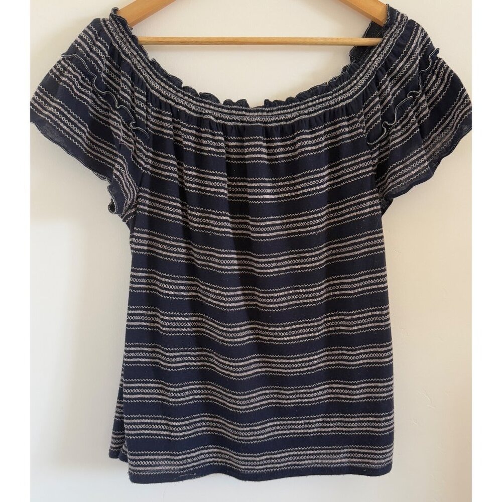 Max Studio Women's S Navy Peasant Blouse Embroidered Soft Knit Prairie Western
